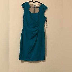 NWT Calvin Klein Teal Horseshoe Neck Ruched Sheath Dress